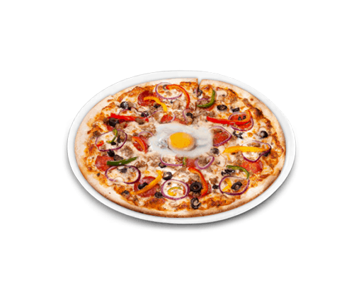 Pizza chorizo poivrons oignons olives noires oeuf