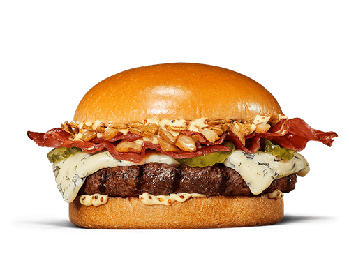 Burger smash steak roquefort bacon cornichons oignons