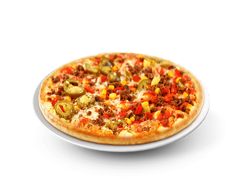 Pizza poivrons maïs viande hachée cornichons