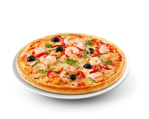 Pizza crevettes poivrons olives noires