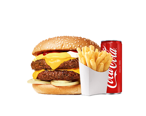 Menu burger 2 steaks triple cheddar oignons sauce ketchup