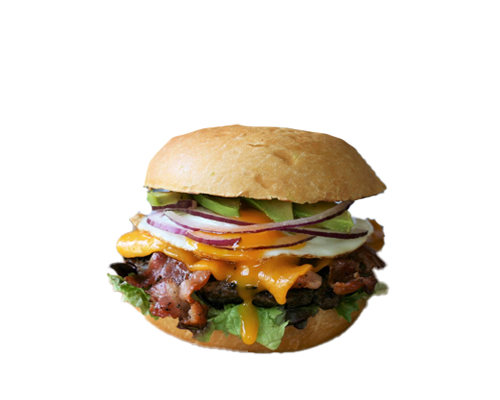 Burger steak bacon avocat oignons rouges oeuf cheddar