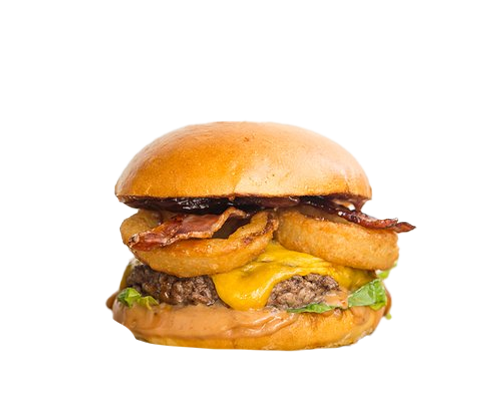 Burger steak onion rings bacon cheddar