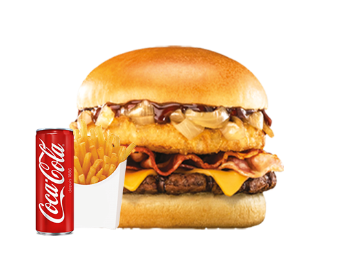 Menu burger steak galette de pommes de terre bacon oignons sauce bbq