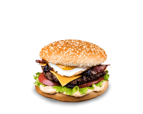 Burger steak salade tomates oignons caramélisés cheddar oeuf